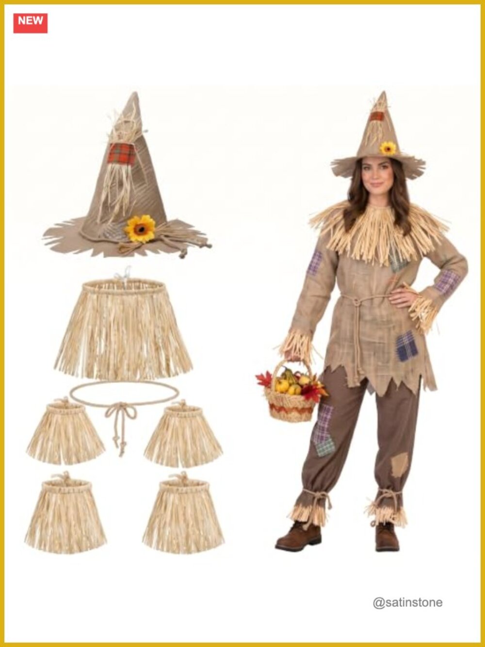 Scarecrow Costume Set 7 Pc Hat Raffia Straw Kit Halloween Accessory